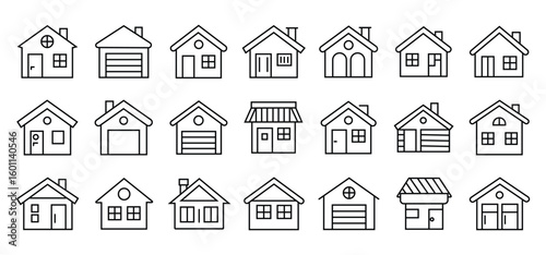 Set of simple house icons, Black outline home vector collection, Real estate line icons, Minimal house symbols for web and app, Residential building clipart