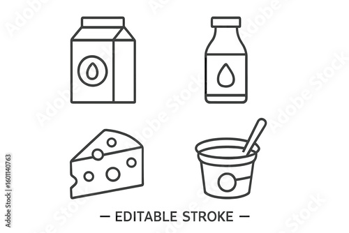 Dairy products line icon set. Milk carton, bottle, cheese wedge, and yogurt cup symbols. Farm fresh food, healthy nutrition, and grocery concept. Editable stroke vector pack.