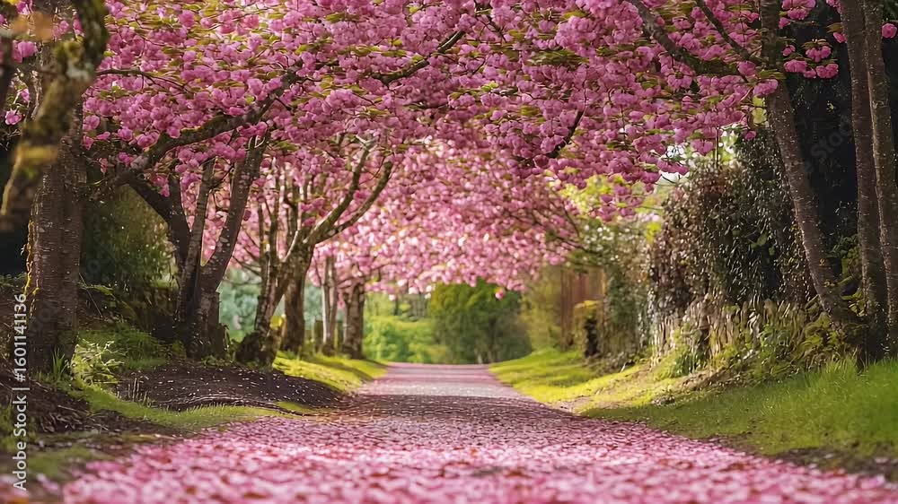 Pink blossoms line a path in a spring scene, flowers covering the ground, trees arch overhead creating a canopy