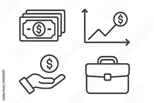 Finance and investment icon set. Business success, money growth chart. Financial profit and income concept. Career portfolio briefcase. Dollar cash and coin payment symbol.