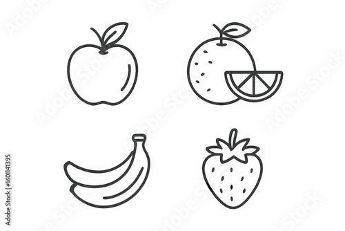 Fruit icon set vector. Apple, orange, banana, strawberry line icons. Simple, minimalist outline symbols for web and app design. Healthy food, diet concept. Editable stroke.