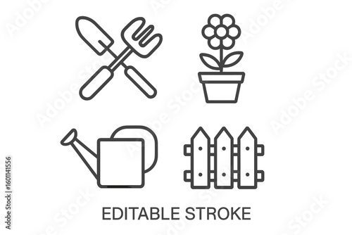 Garden icon set. Gardening tools, potted flower, watering can, fence. Vector linear symbols for web, mobile app. Editable stroke. Grow, plant, cultivate concept.