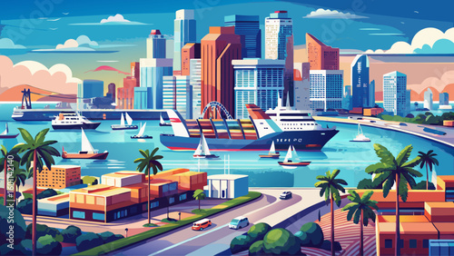 very Beautiful Port of Miami with cruise ships and cargo ships panorama view, Florida, USA