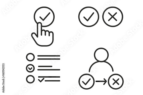 Vector line icon set for survey, quiz, and user choice. Includes checklist, yes no button, hand selecting checkmark, and user decision path for web and app interface design.