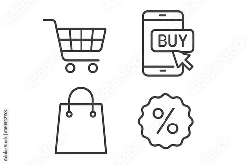 Shopping and e-commerce line icon set. Vector symbols for online store, mobile purchase, and retail sale. Includes shopping cart, bag, smartphone buy button, and discount.