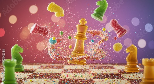Candy Chess: Colorful, Playful Game with Sweets on Sprinkled Board, Artistic Still Life, Treats, Fun, Strategy, Food Photography, Isolated on Bokeh Background