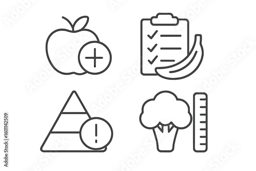 Nutrition and diet planning icon set. Healthy eating, meal plan checklist, food pyramid warning, and portion control concepts. Vector linear icons for web. Editable stroke.