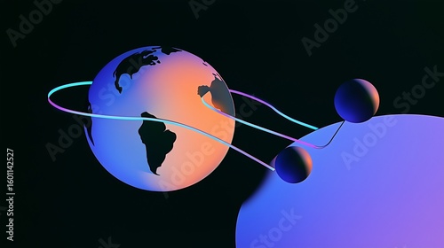 Global Network Connection: Isometric View of a Geometric Earth with Data Flow

