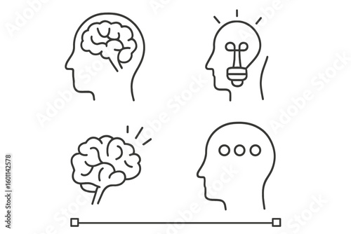 Brain process and thinking line icon set. Mind, idea, and creativity symbols. Psychology, mental health, and intellect concepts. Human head silhouette with editable stroke.