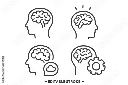 Brain process line icon set. Thinking mind, psychology concept. Head silhouette with brain, gear, idea. Mental health, solution, brainstorm, thought pictogram. Editable.