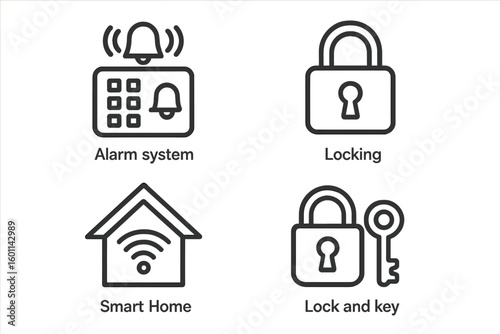Home security and protection linear icons set. Smart home technology, property safety, burglar alarm system, access control with lock and key. Vector outline illustration.
