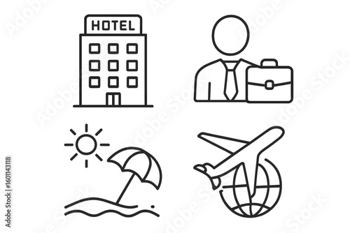 Hotel and travel line icon set. Business trip, vacation, and global flight icons. Outline pictogram collection for tourism, booking app, website and infographics. Vector.