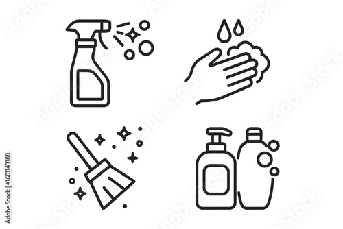 Hygiene and cleaning line icon set. Washing hands with soap, disinfectant spray, sweeping broom, shampoo dispenser. Sanitation and personal care outline symbols.