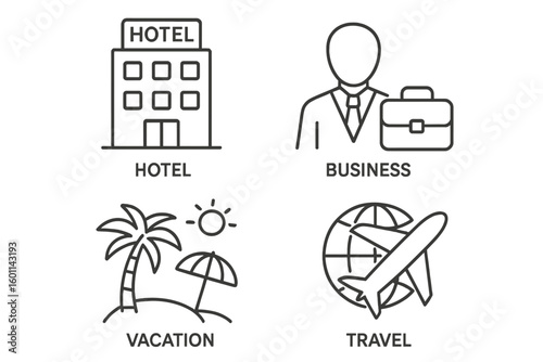 Hotel booking, business trip, vacation and world travel linear icons set. Businessman, flight, beach resort symbols. Editable stroke. Thin line customizable vector signs.