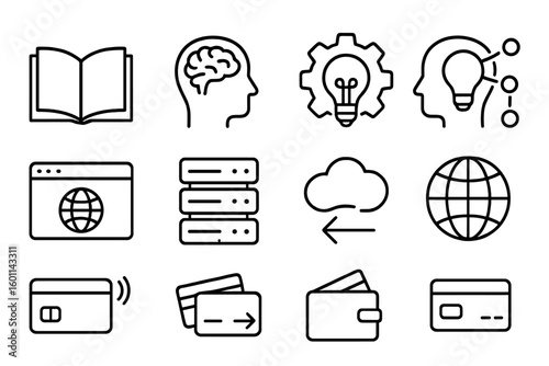 Line icon set for business and technology. Knowledge, education, data, finance concepts. Vector outline icons for web and mobile. E-commerce and payment symbols.