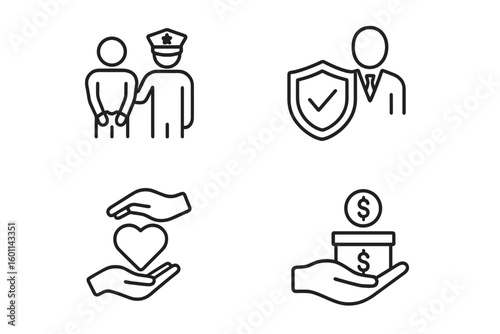 Law and justice line icon set. Concepts of criminal arrest, legal defense, and punishment. Includes icons for charity, financial donation, and security. Outline vector symbols.