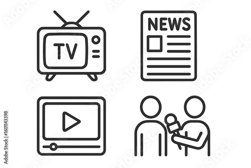 Mass media and journalism vector line icon set. Thin linear style symbols for TV show, broadcast, news report, video player and press interview. Outline icon collection.