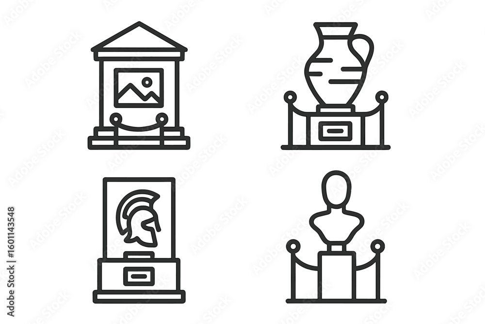 Museum and art gallery line icon set. Historical and archaeological exhibition concept. Ancient exhibits, sculpture, painting, vase, helmet icons. Outline vector symbols. Museum and art gallery line icon set. Historical and archaeological exhibition concept. Ancient exhibits, sculpture, painting, vase, helmet icons. Outline vector symbols.