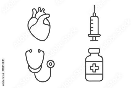 Medicine and healthcare line icon set. Medical concept symbols. Human heart, stethoscope, syringe for injection or vaccine, and medicine bottle. Outline vector icons.