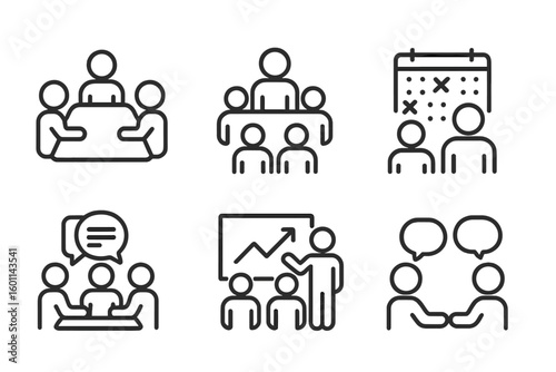 Business Meeting and Teamwork Line Icons Collection. Leadership, Collaboration, Discussion, Brainstorming, Strategy Planning, Presentation, Communication. Corporate Group Activity, Office Teamwork.