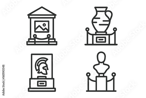 Museum and art gallery line icon set. Historical and archaeological exhibition concept. Ancient exhibits, sculpture, painting, vase, helmet icons. Outline vector symbols.