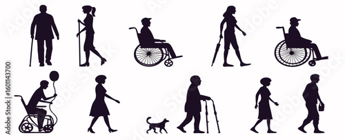 Silhouette Illustrations of People with Disabilities: Wheelchair Users, Cane Users, Walking Aids
