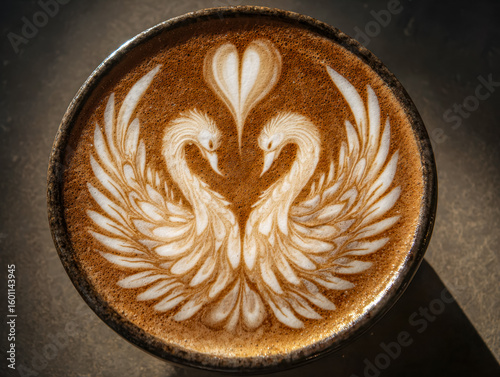 Fototapeta Naklejka Na Ścianę i Meble -  Artistic latte art featuring two swans forming a heart shape in a cup of coffee