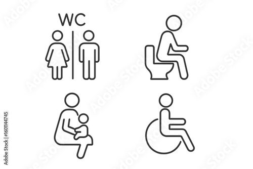 Public toilet line icon set. Restroom signs collection. WC, disabled access, baby care room, mother and child. Man and woman gender symbols. Vector outline pictograms.