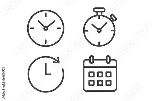 Time management outline icon set. Clock, timer, stopwatch, and calendar linear symbols. Vector pictogram collection for schedule, appointment, deadline, and planning concepts.