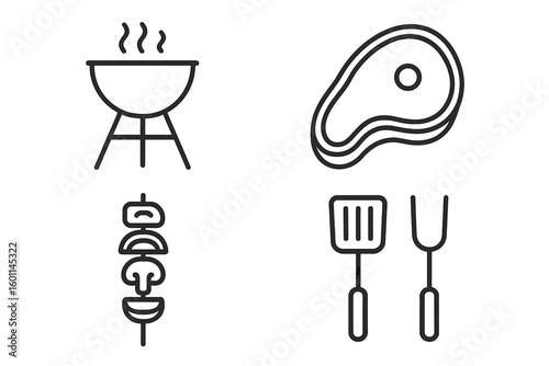 Grill barbecue icon set. BBQ party line icons collection. Cooking food, meat steak, vegetable kebab skewer, spatula and fork. Summer picnic grilling vector symbols.