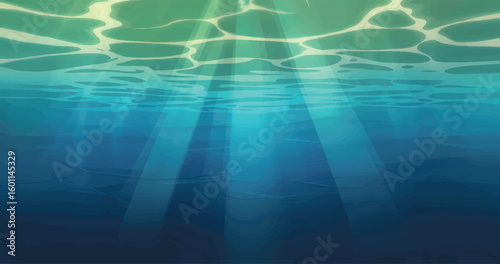 Abstract underwater scene with sunlight beams shimmering through clean clear water