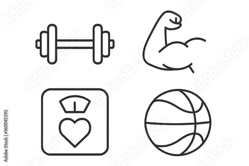 Gym, fitness and sports outline icon set. Health and healthy lifestyle concept. Dumbbell, bicep muscle, weight scale and basketball pictograms in a linear vector style.