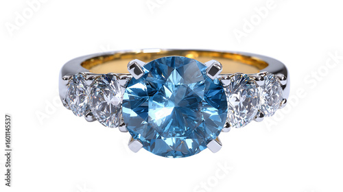 Blue wedding ring with diamond jewelry icon 3D rendering isolated on transparent background 