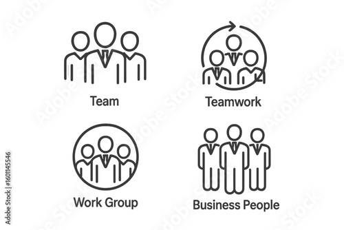 Business Team and Teamwork Icons Set – Outline Linear Style, Leadership Concept, Collaboration, Corporate Work Group People, Office Staff, Group of Businessmen, Professional Cooperation Symbols