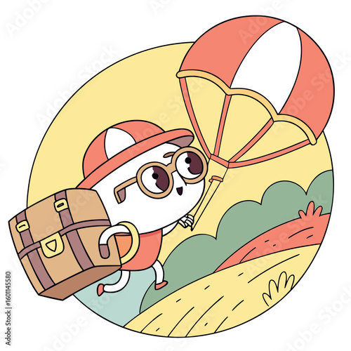 A cute cartoon character with glasses and a hat carrying a suitcase and descending