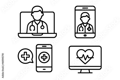 Telemedicine Line Icons Set. Online Medical Consultation, Virtual Doctor Appointment, Remote Diagnostics, Digital Healthcare App, Telehealth Communication, Mobile Medicine, Heart Monitoring