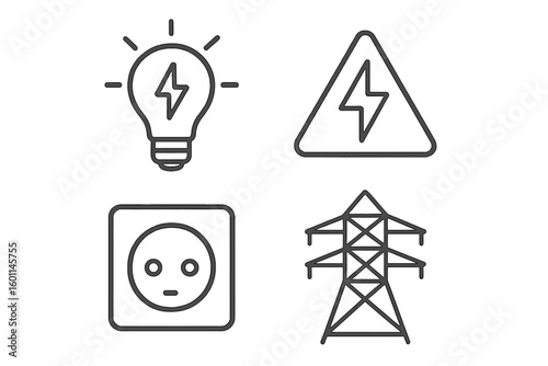 Electricity line icon set. Energy, power, and high voltage conceptual symbols. Vector thin line icons of a lightbulb, danger sign, electric socket, and transmission tower.