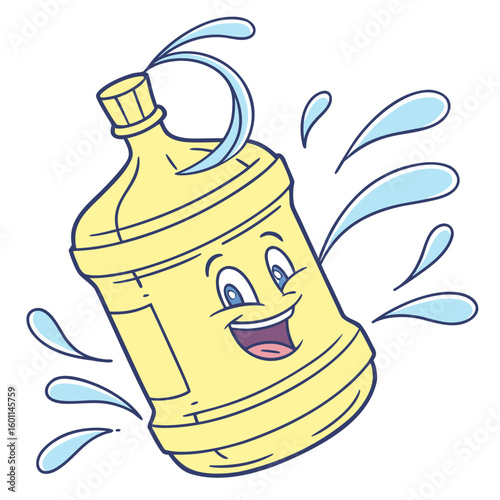 A cheerful cartoon water bottle character with a happy face is splashing water all