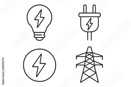 Electricity power line icon set. Energy concept vector collection. Light bulb, electric plug, charge symbol, and transmission tower outline icons for web and apps.