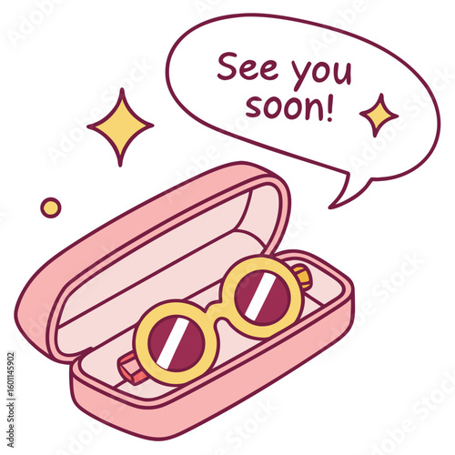 A pair of round sunglasses in a pink case with a speech bubble saying see you soon