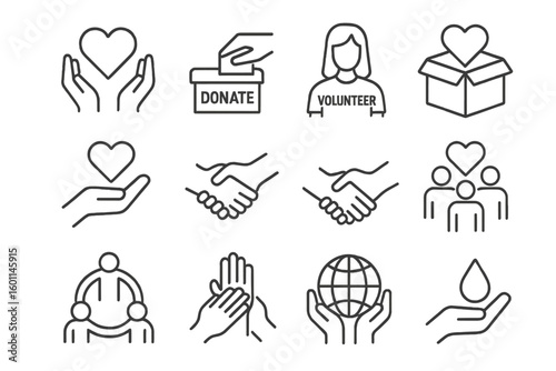 Volunteering and charity line icon set. Donation, help, support, humanitarian aid symbols. Donor, volunteer, community, and unity concepts. Outline vector illustrations.