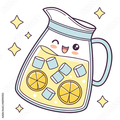 A cute cartoon pitcher of lemonade with ice cubes and lemon slices has a happy face