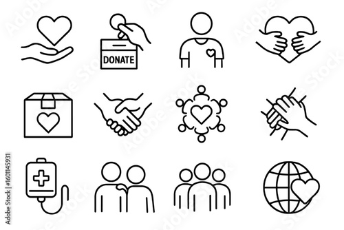 Donation and volunteering line icon set. Charity, community, support, unity, help, love and social care concepts. Thin line vector pictograms for humanitarian aid projects.