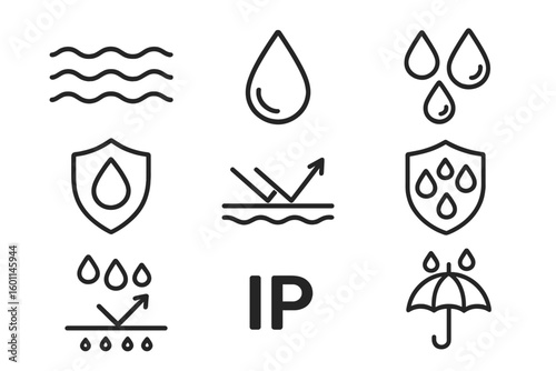Waterproof and water resistant line icon set. Water repellent symbols. Hydrophobic material. Drop protection pictogram. IP rating proof sign. Outline vector icons.