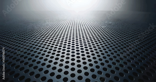 Abstract perspective view of a metal perforated sheet with even distribution of holes