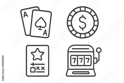 Casino and gambling linear icons set. Editable stroke. Thin line illustrations. Slot machine jackpot, poker aces, dollar coin chip, and lottery scratch card. Vector pack.