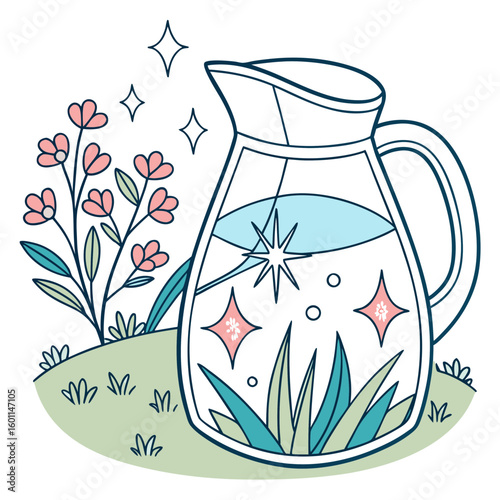 A crystal clear pitcher filled with refreshing water and sparkling ice sits on a
