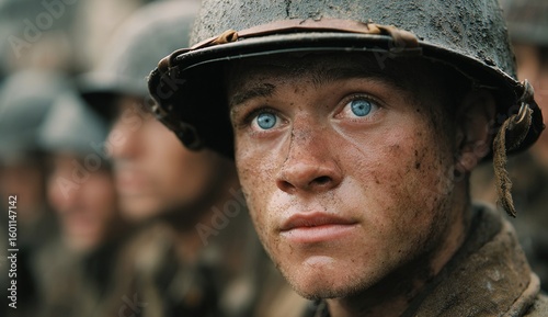 Muddy Soldier’s Resolute Gaze on the Battlefield