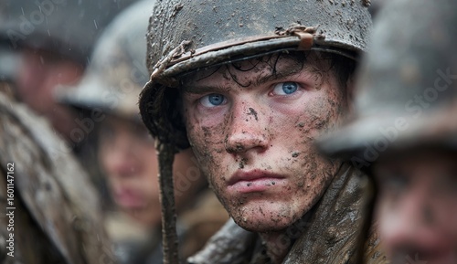 Muddy Soldier’s Resolute Gaze on the Battlefield