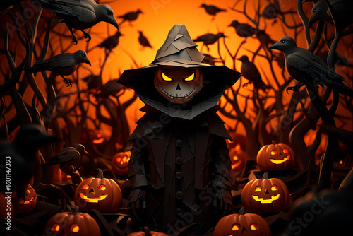 Spooky scarecrow in a dark forest surrounded by Halloween pumpkins and crows, concept of mystery, fear, and holiday celebration, illustration